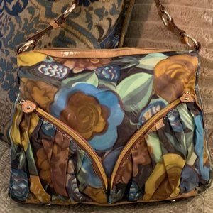 Sondra Roberts Blue Floral Tan Patent Leather HOBO